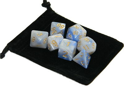 New 7 Piece Polyhedral Blend Light Blue White Dice Set With Dice Bag D&d Rpg