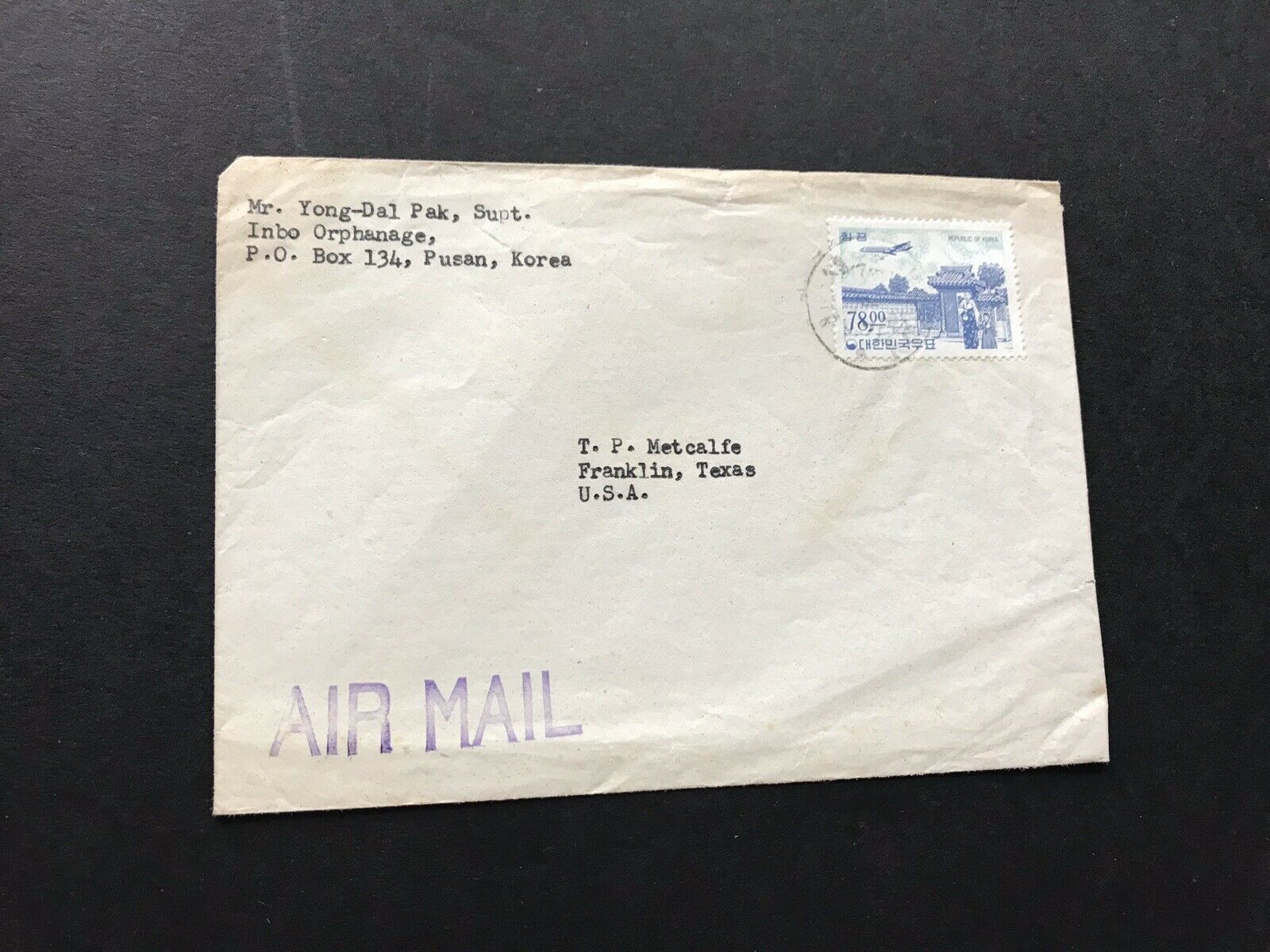 Korea 1965 Cover To Us + Solo Franking Airmail #c37 + 78-won Rate +neat Cover