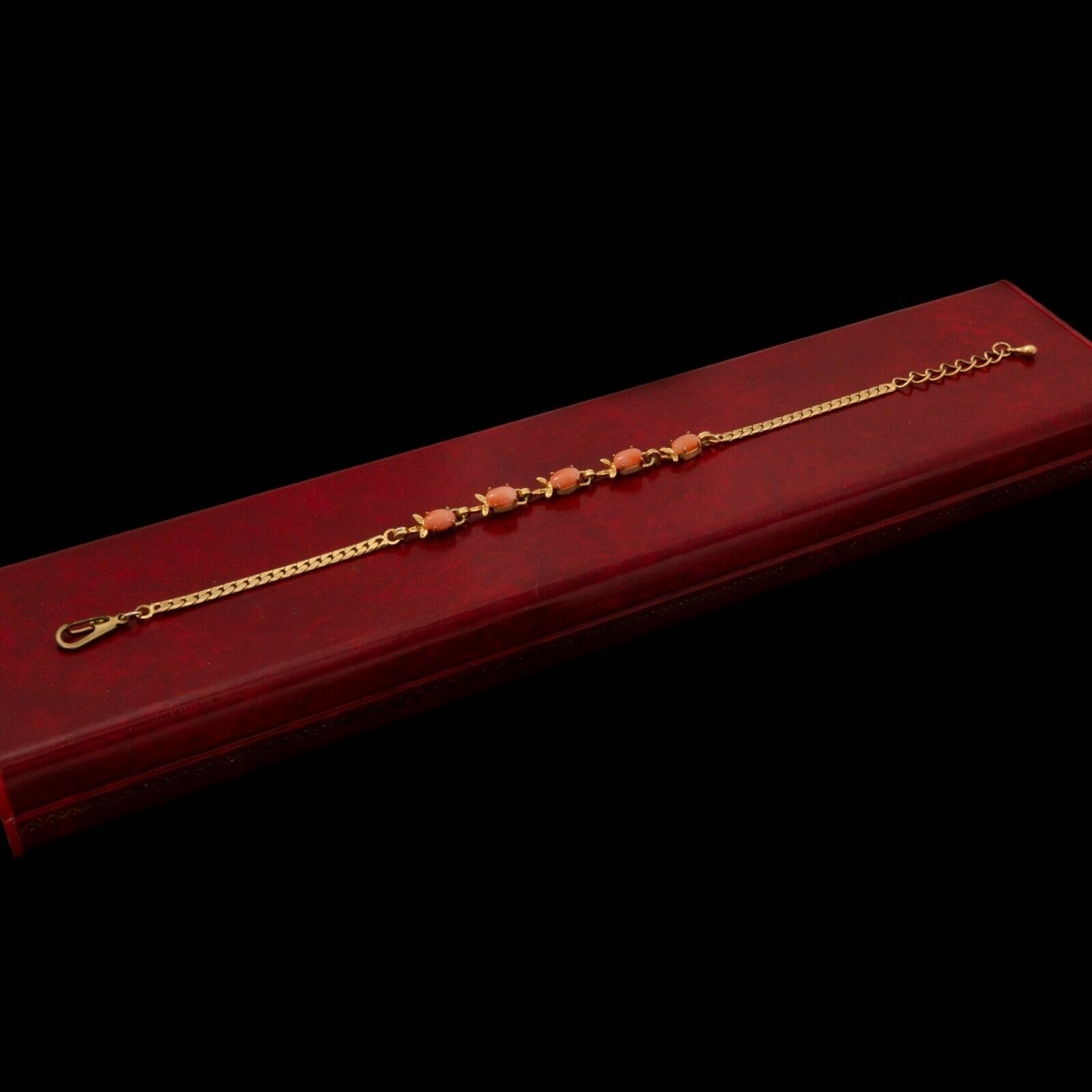 Antique Vintage Deco 14k Yellow Gold Filled Gf Salmon Coral Chain Bracelet 4.2g