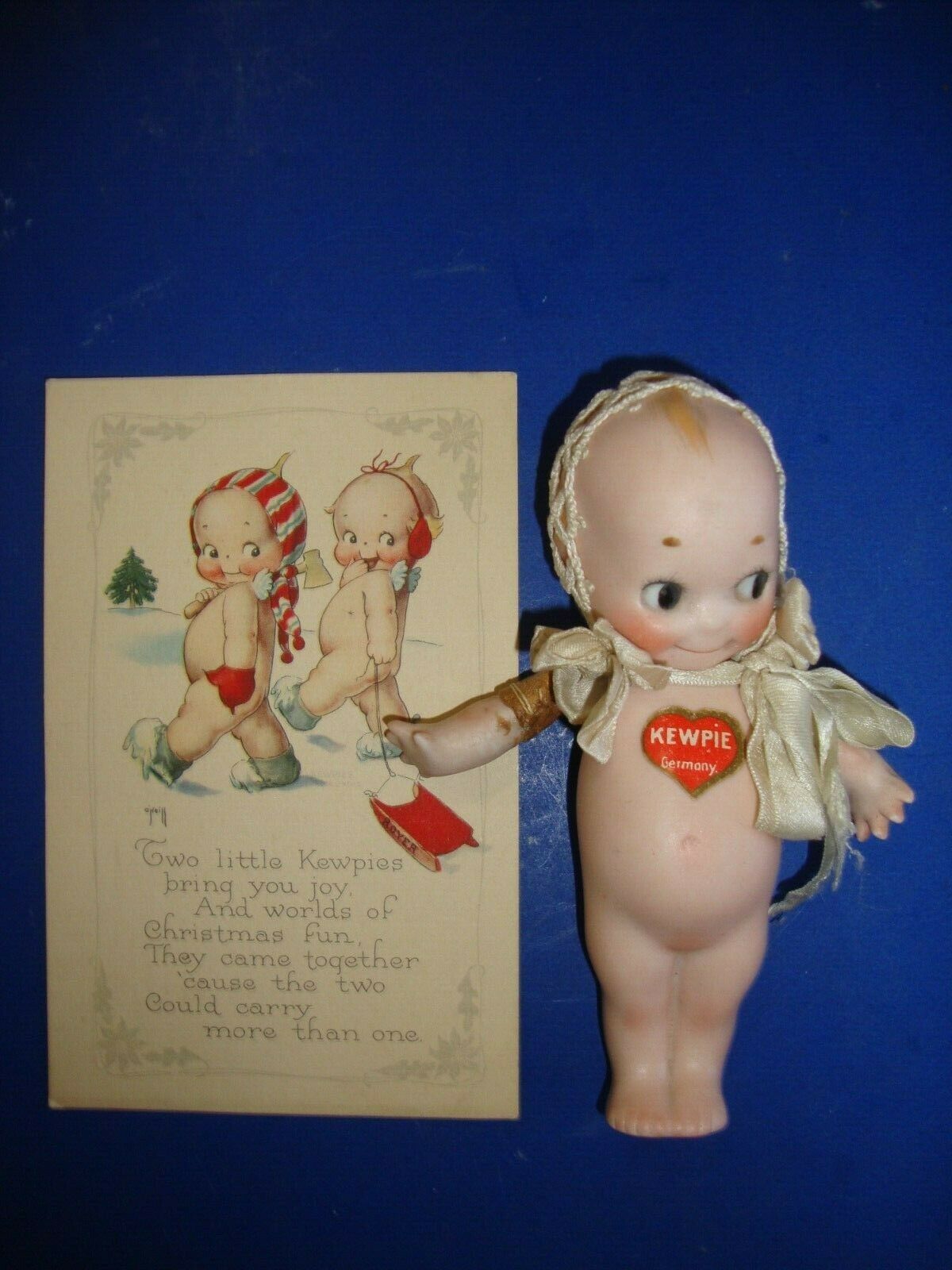 Vtg Germany Bisque Rose O'neill Kewpie Doll 5" Signed O'neill Orig Stickers Plus