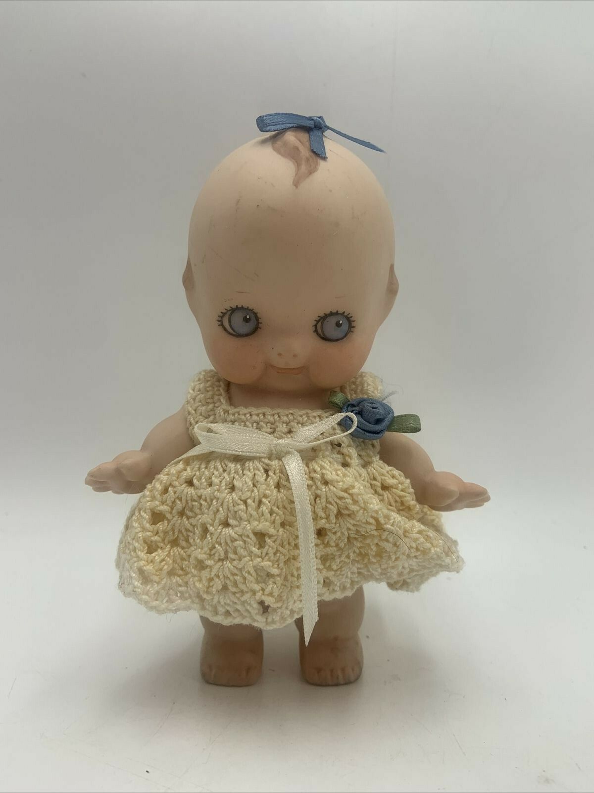 Vintage Kewpie Doll Bisque Porcelain Blue Eyes Wings Crochet Outfit 5 1/4" Tall