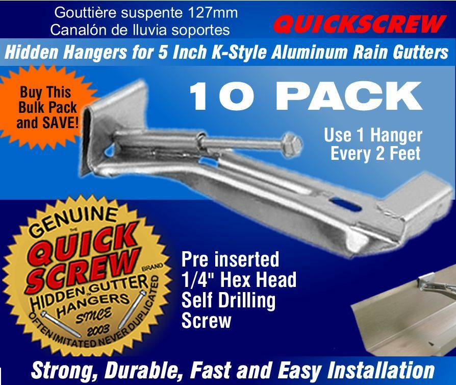 Gutter Hangers 5" 5 Inch 10 Quickscrew Rain Bracket Hidden Clip Style With Screw