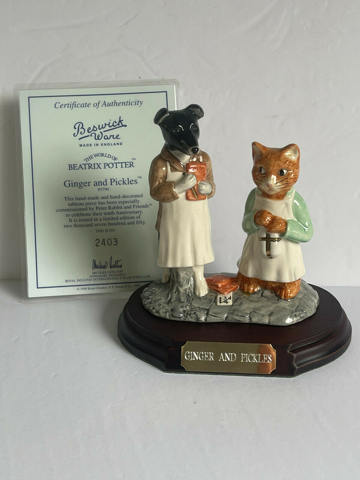 Beswick Beatrix Potter Ginger And Pickles Figurine Ltd Edition W Base Coa Mint