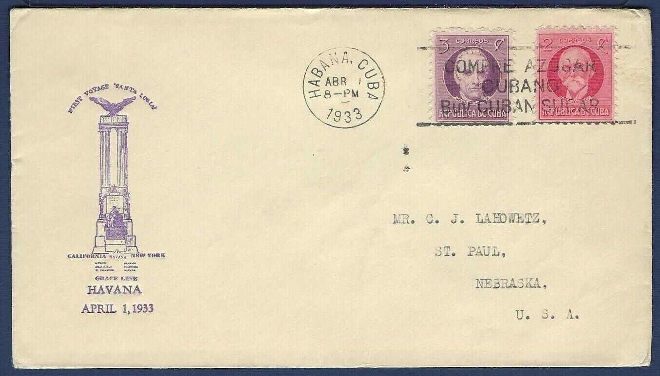 Ss Santa Lucia Grace Line Paquebot Maiden Voyage Naval Cover 1933 Habana