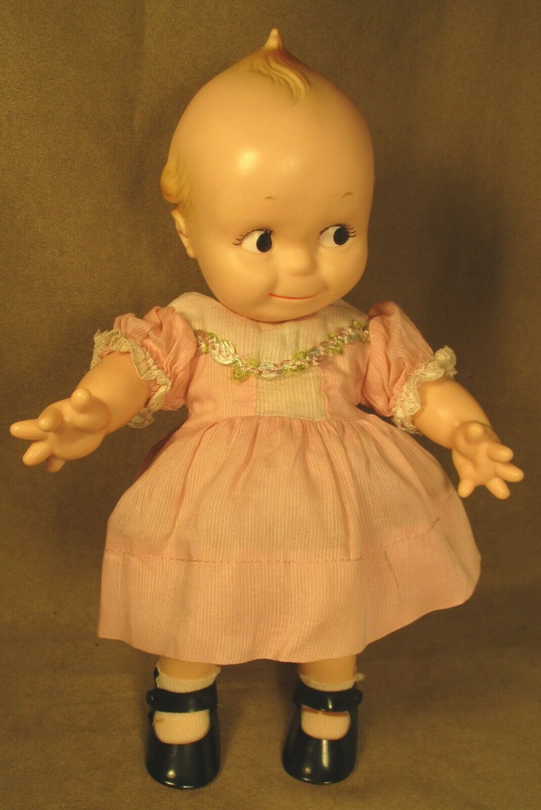 Vintage Jesco Cameo 11" Kewpie Doll - In Pink & White Dress - Hard Plastic