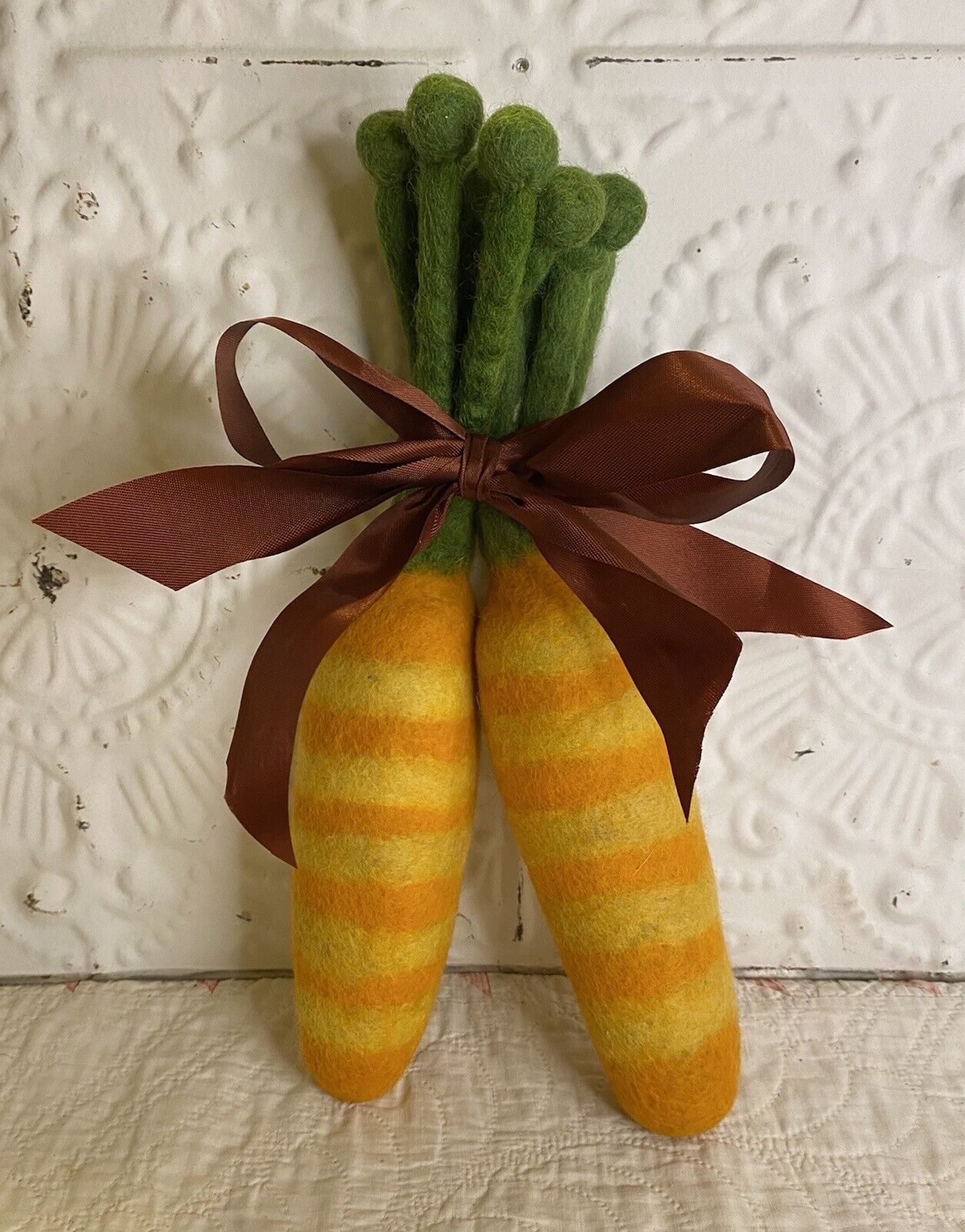 2 Needle Felted Striped Carrots  Wool Folk Art  Bowl Fillers  12” Long  Easter