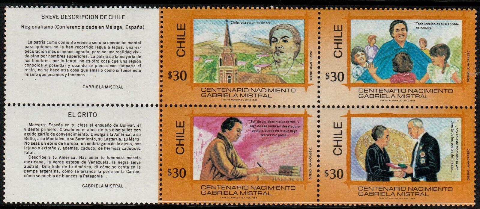 Chile 1989 Block Scott # 826 - 829 Gabriela Mistral Nobel Prize 1945 - Mnh
