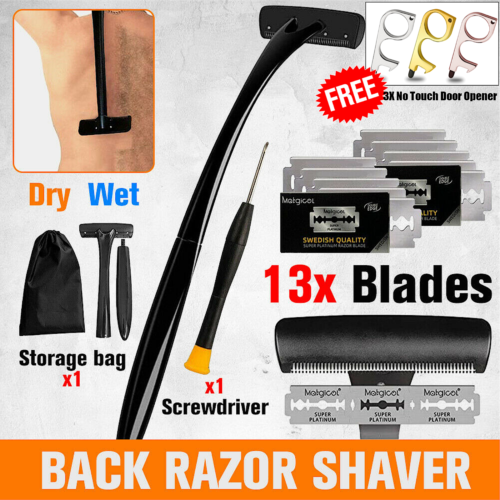 18in Back Hair Removal Body Shaver Ergonomic Handle Shave Wet/dry W/ 13 Blades